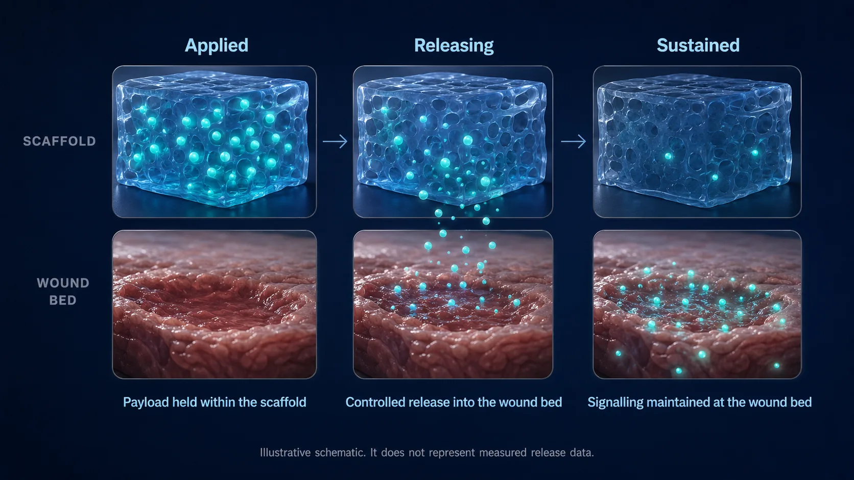 A three-panel schematic titled Applied, Releasing and Sustained. In each panel the upper image is the bacterial cellulose scaffold, drawn as a translucent porous block, and the lower image is the wound bed. In the first panel the acellular regenerative payload is held within the scaffold: the block glows with payload particles and the wound bed is empty. In the second, payload particles fall from the scaffold into the wound bed: controlled release. In the third, most of the payload is spread across the wound bed and the scaffold is nearly empty: signalling maintained at the wound bed. A caption within the image reads: Illustrative schematic. It does not represent measured release data.