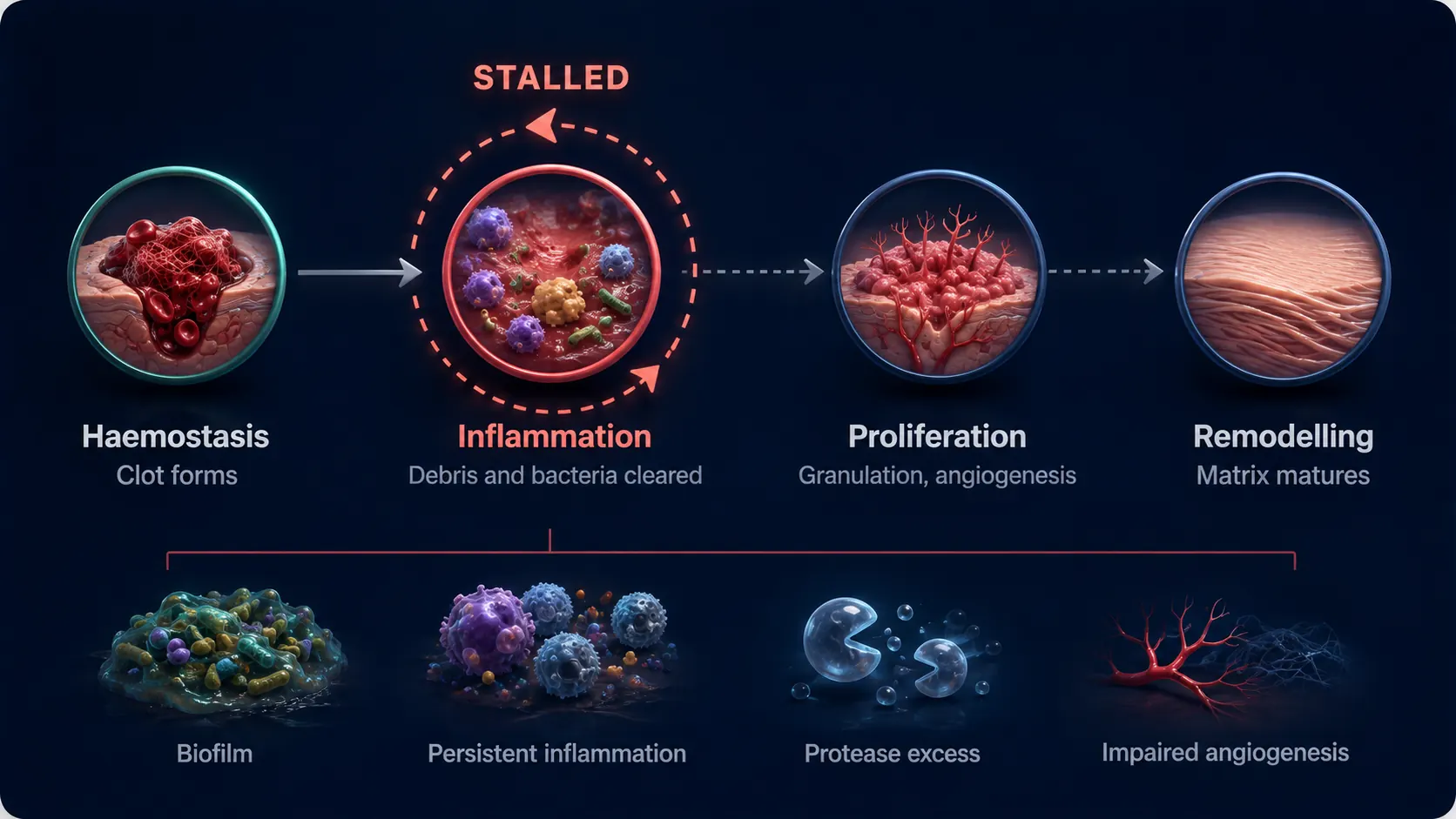 Normal wound repair progresses through four phases: haemostasis, inflammation, proliferation and remodelling. In a chronic wound the process recirculates within the inflammation phase, shown by a loop arrow, and does not progress to proliferation or remodelling. The arrows onward from inflammation are drawn as broken lines to show that progression fails. Four factors sustain the loop: bacterial biofilm, persistent inflammatory signalling, elevated protease activity, and impaired angiogenesis.