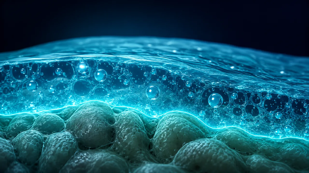 A cross-section through a translucent hydrogel layer lying over wound tissue. Water is held as droplets and small bubbles throughout the open structure of the gel, and a bright line marks the interface where the gel meets the tissue surface beneath it. An illustration, not a photograph.