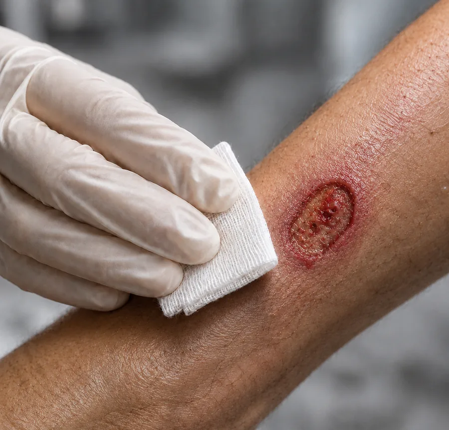 A gloved clinician pressing a gauze dressing against an open chronic wound on a patient’s forearm. The wound margin is raised and inflamed, and the skin around it is reddened.