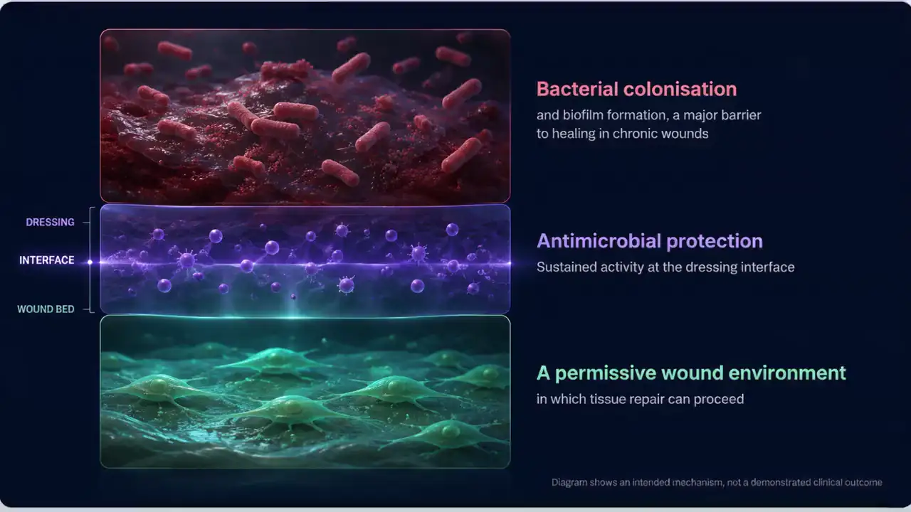 A cross-section in three bands, labelled dressing, interface and wound bed. In the top band, red bacteria colonise and form biofilm: bacterial colonisation, a major barrier to healing in chronic wounds. In the middle band, the antimicrobial layer of the dressing glows violet at the interface: antimicrobial protection, sustained activity at the dressing interface. In the bottom band, green cells rest undisturbed: a permissive wound environment in which tissue repair can proceed. A caption within the image reads: Diagram shows an intended mechanism, not a demonstrated clinical outcome.