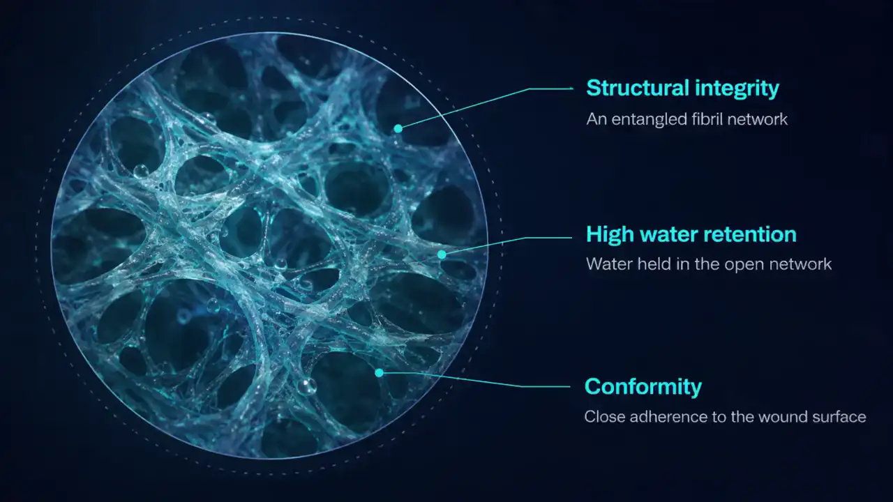 A magnified circular view of the bacterial cellulose scaffold, showing a dense network of randomly oriented nanofibril ribbons with water held in the spaces between them. Three properties are called out: structural integrity from the entangled fibril network; very high water retention within the open network; and close conformity to the wound surface.